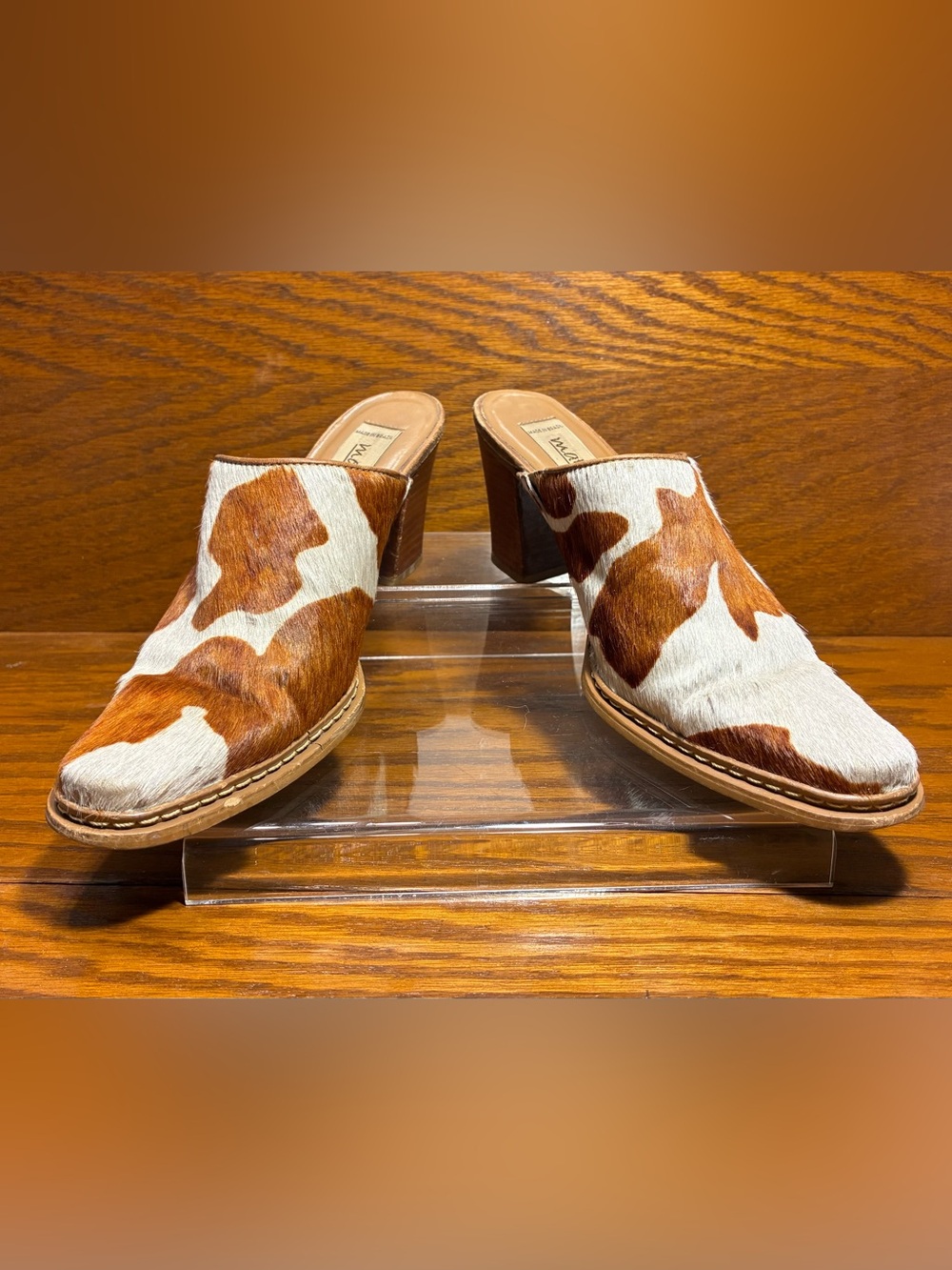 Matisse Cowhide Haircalf Block Heel Mules Brown White Size 6